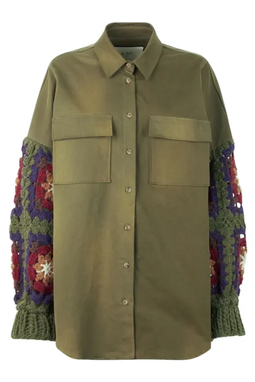 Canvas Overshirt With Crochet Sleeves