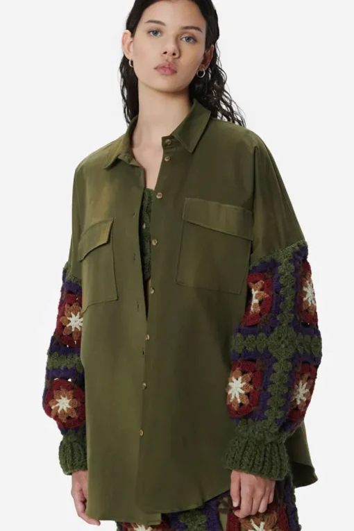 Canvas Overshirt With Crochet Sleeves