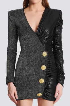 Dual-Fabric Draped Wrap Dress