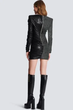 Dual-Fabric Draped Wrap Dress