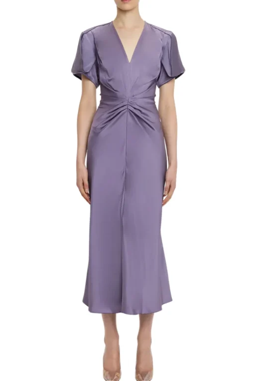 Gathered V-Neck Midi Dress
