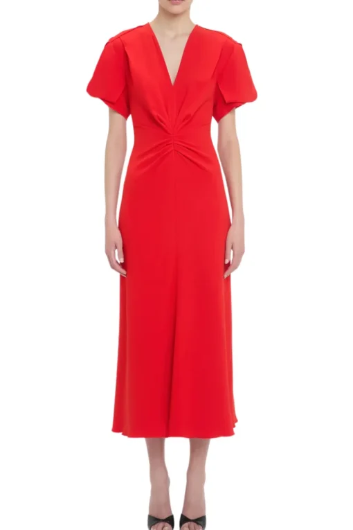 Gathered V-Neck Midi Dress