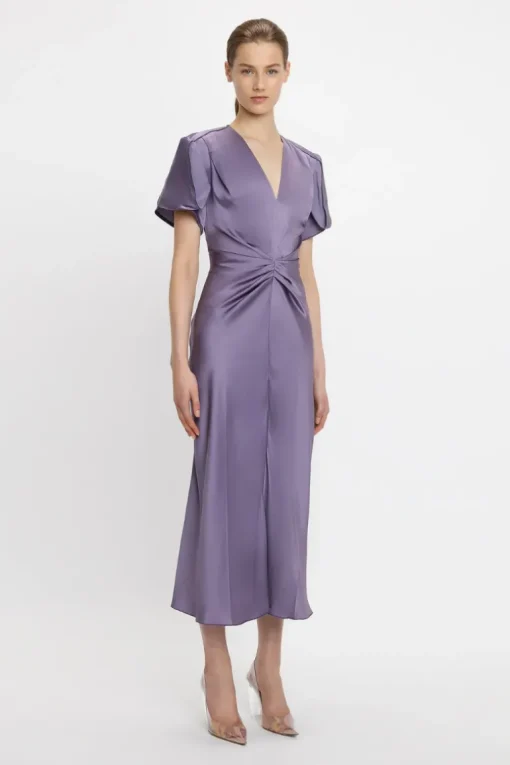 Gathered V-Neck Midi Dress