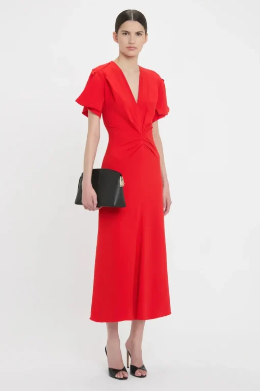Gathered V-Neck Midi Dress