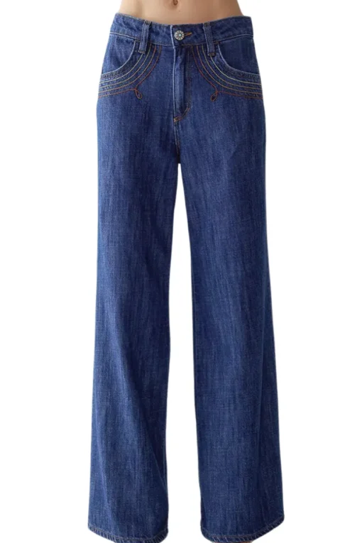 Wide Leg Tobacco Embroidered Jeans